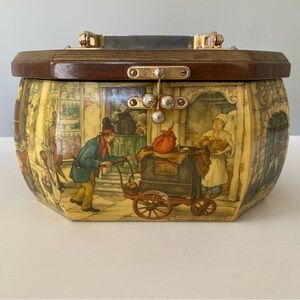 Vintage Anton Pieck Decoupage Art Octagon Wooden Box‎ Purse with Metal Handle